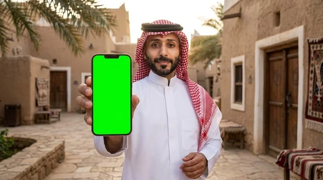 Saudi Man Holding Green Screen Phone in Heritage Village
