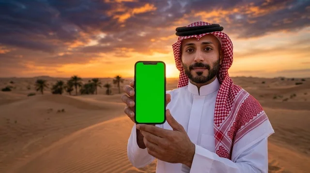 رجل سعودي في الصحراء يحمل هاتف ذكي ذو شاشة خضراء