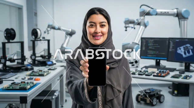 مهندسة عربية تحمل هاتف ذكي داخل مختبر الروبوتات الحديث