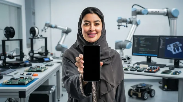 مهندسة عربية تحمل هاتف ذكي داخل مختبر الروبوتات الحديث
