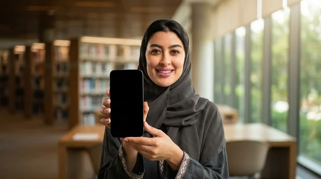 امرأة عربية تحمل هاتف ذكي بشاشة فارغة داخل المكتبة