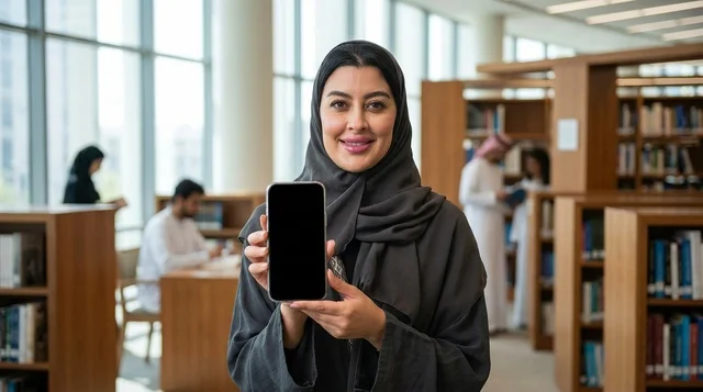 امرأة عربية تحمل هاتف ذكي نموذج فارغ في مكتبة حديثة