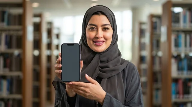 امرأة عربية مبتسمة تحمل هاتفاً ذكياً شاشته فارغة في مكتبة