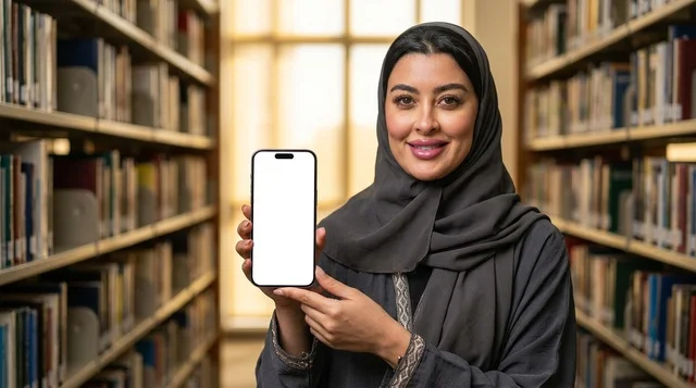 امرأة عربية تحمل هاتف ذكي بشاشة بيضاء فارغة في المكتبة