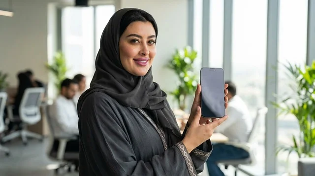سيدة أعمال عربية تحمل هاتف ذكي بشاشة فارغة في المكتب