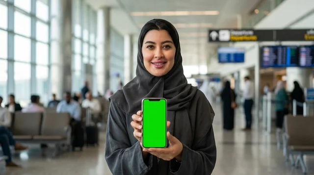 امرأة عربية تحمل هاتفاً بشاشة خضراء في صالة المطار