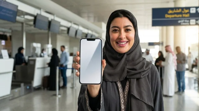 Arab Woman Holding Blank Smartphone at Airport Terminal