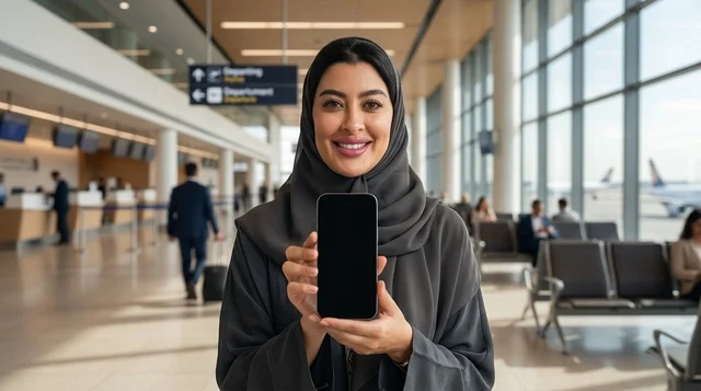 امرأة عربية تحمل هاتف ذكي بشاشة فارغة