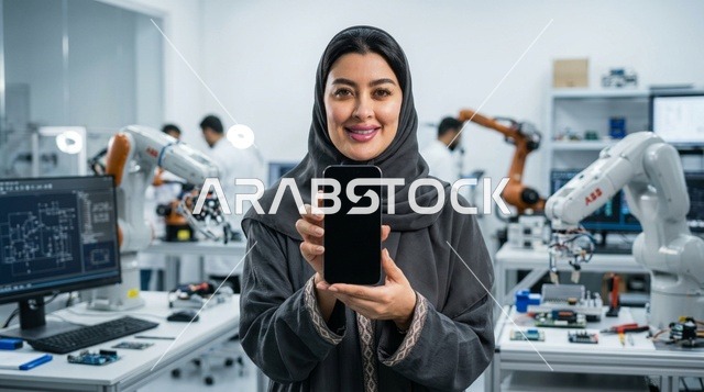 مهندسة عربية تحمل هاتفاً ذكياً في مختبر روبوتات حديث
