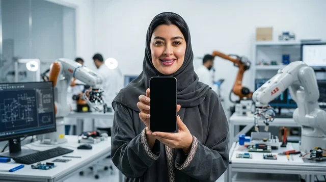 مهندسة عربية تحمل هاتفاً ذكياً في مختبر روبوتات حديث