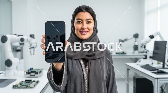مهندسة عربية تحمل هاتف ذكي في مختبر روبوتات
