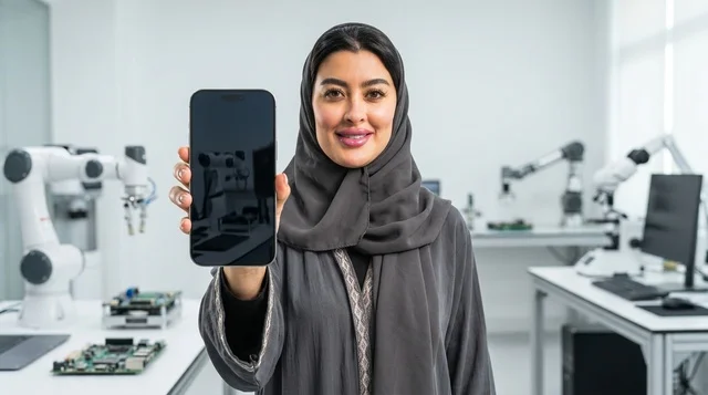 Arab Female Engineer Holding Smartphone in Robotics Lab