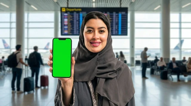 امرأة عربية في صالة المطار تعرض هاتف ذكي بشاشة خضراء