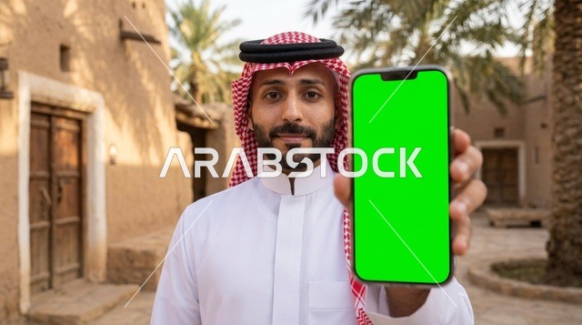 رجل سعودي يحمل هاتف ذكي بشاشة فارغة