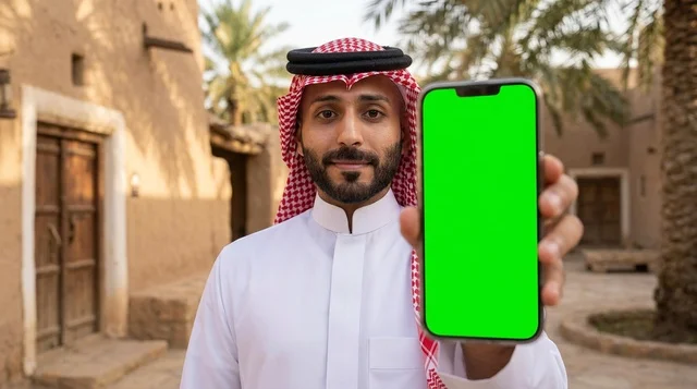 A Saudi man holding a smartphone with a blank screen.