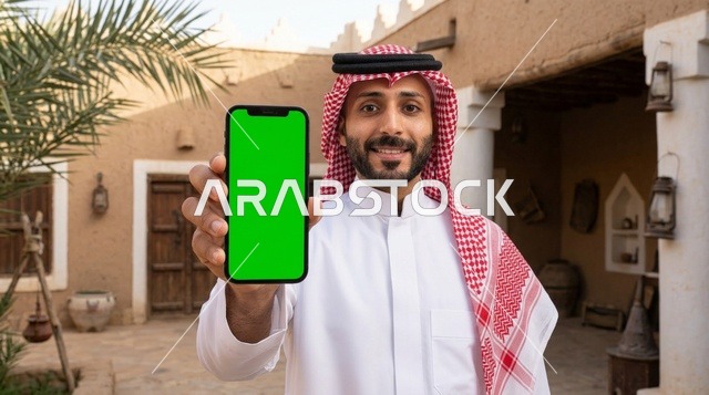 مواطن سعودي يحمل هاتف بشاشة خضراء في قرية تراثية