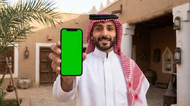 مواطن سعودي يحمل هاتف بشاشة خضراء في قرية تراثية