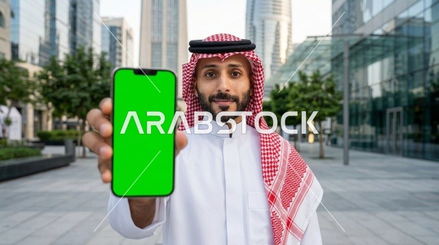 رجل سعودي يحمل هاتف ذكي بشاشة خضراء في ساحة حديثة