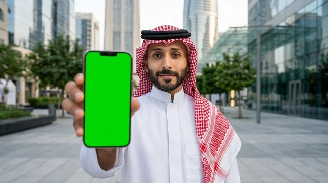 Saudi Man Holding Green Screen Smartphone in Modern City