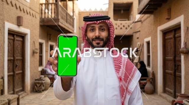 رجل سعودي يحمل هاتفاً بشاشة خضراء في قرية تراثية