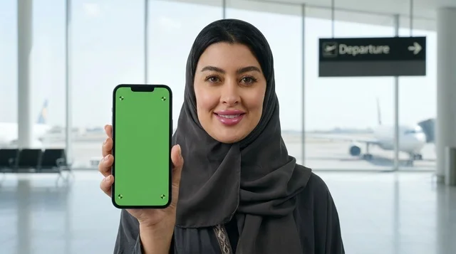 Arab Woman Holding Green Screen Phone at Airport Terminal