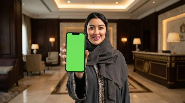 Arab Woman in Hotel Lobby holding Greenscreen Phone