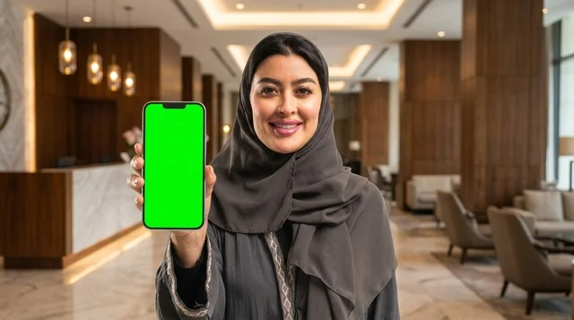 Arab Woman with Green Screen Smartphone in Hotel Lobby