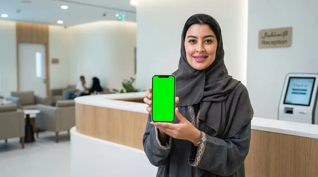 امرأة عربية تحمل هاتف بشاشة خضراء في بهو العيادة