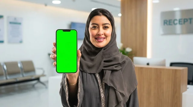 امرأة عربية تحمل هاتف ذكي بشاشة فارغة
