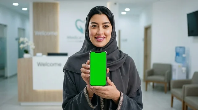 Arab Woman Holding Green Screen Smartphone in Clinic Arab Woman Holding Green Screen Smartphone in Clinic