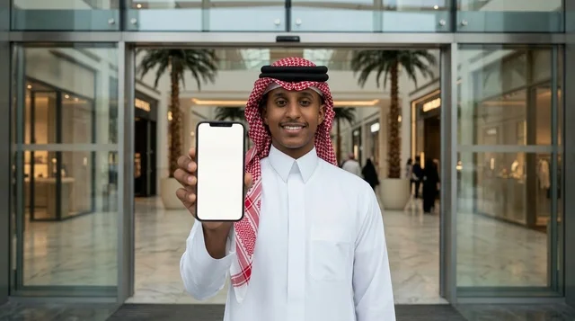رجل سعودي يعرض شاشة هاتف ذكي فارغة في مجمع تجاري