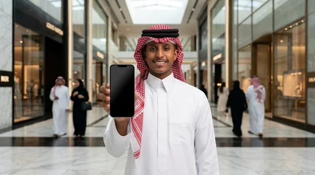 رجل سعودي يحمل هاتف ذكي بشاشة فارغة في مركز تسوق