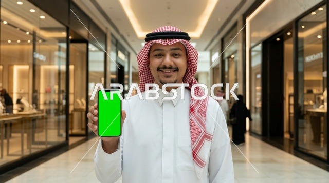 رجل سعودي يحمل هاتف ذكي بشاشة فارغة