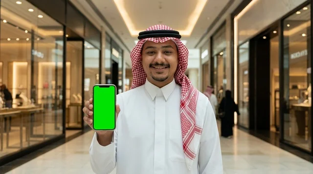 رجل سعودي يحمل هاتف ذكي بشاشة فارغة