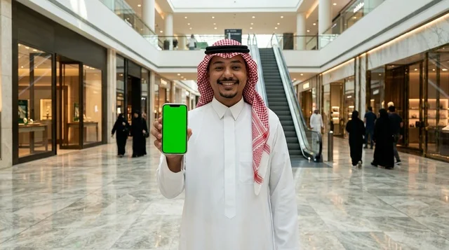 رجل سعودي مبتسم يحمل هاتف بشاشة خضراء داخل مركز تسوق