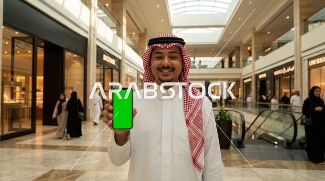 رجل سعودي يحمل هاتف ذكي بشاشة خضراء داخل مركز تسوق