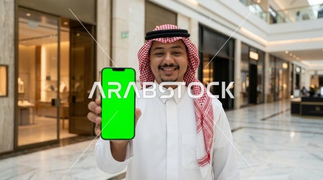 رجل سعودي يحمل هاتف ذكي بشاشة خضراء داخل مركز تسوق