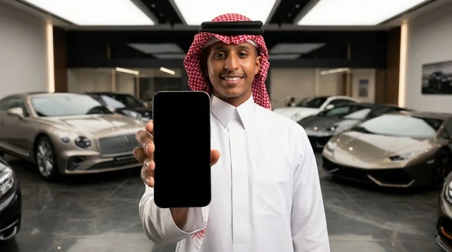 Saudi Man Holding Blank Smartphone in Luxury Car Showroom