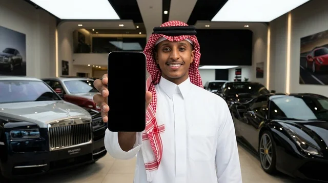 رجل سعودي في معرض سيارات يحمل هاتف ذكي بشاشة فارغة