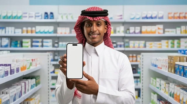 رجل سعودي في الصيدلية يحمل هاتفاً ذكياً بشاشة فارغة