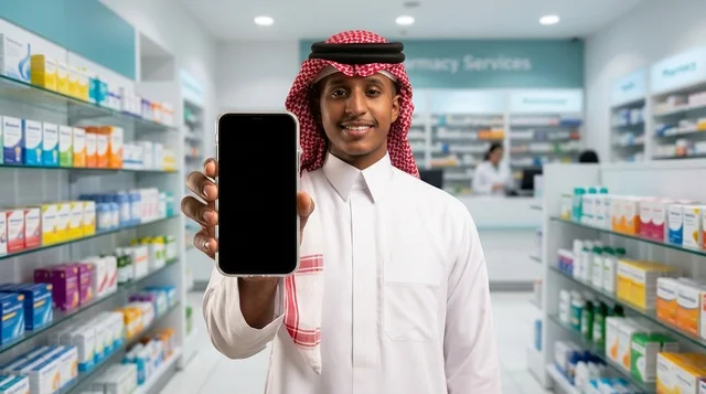 Saudi Man in Pharmacy Holding Smartphone Mockup Screen