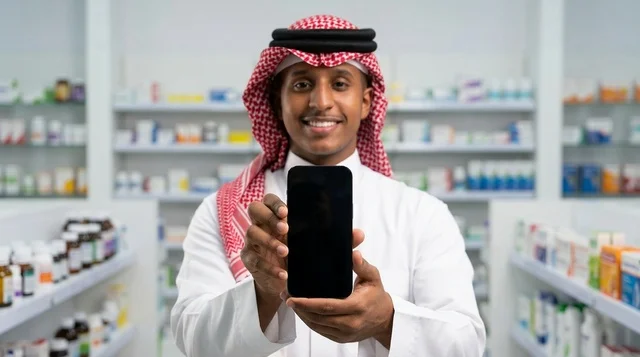 رجل سعودي في الصيدلية يمسك هاتف ذكي بشاشة فارغة