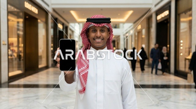 رجل سعودي يحمل هاتف ذكي بشاشة فارغة في مركز تسوق