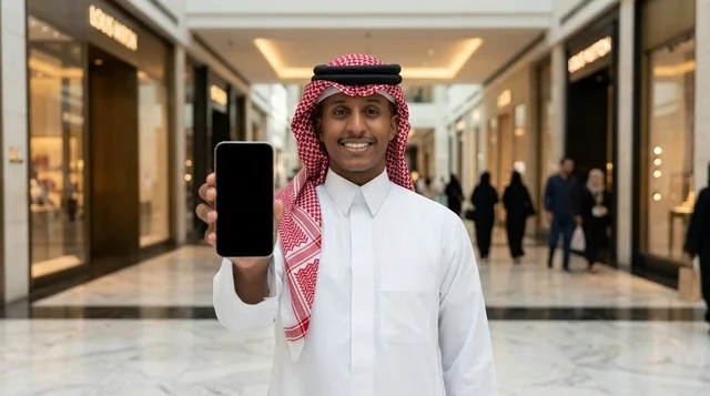 Saudi Man Holding Blank Smartphone in Shopping Mall