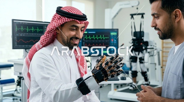 رجل سعودي يختبر قفاز التأهيل الروبوتي في العيادة