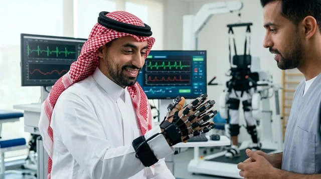 رجل سعودي يختبر قفاز التأهيل الروبوتي في العيادة