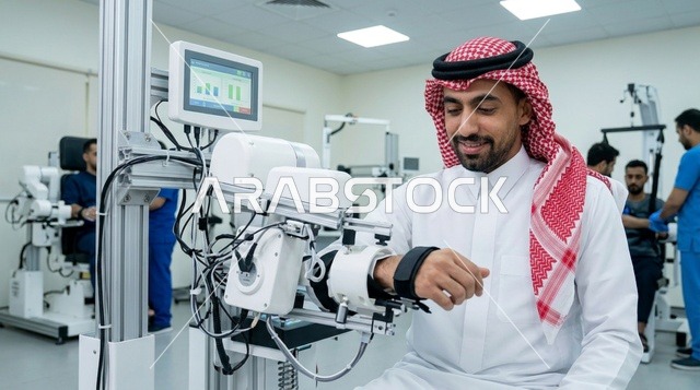 Saudi Man Using Robotic Medical Rehabilitation Device