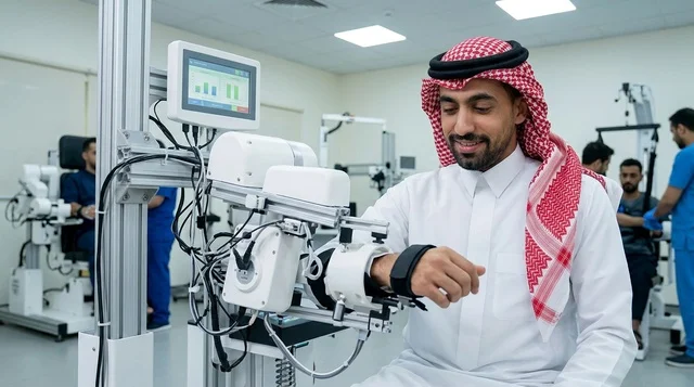 Saudi Man Using Robotic Medical Rehabilitation Device