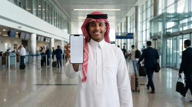 رجل سعودي في صالة المطار يحمل هاتف ذكي بشاشة بيضاء فارغة