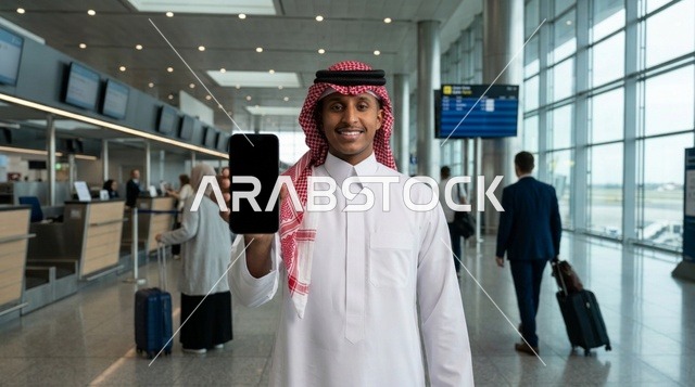 رجل سعودي يرتدي الثوب يحمل هاتف ذكي في صالة المطار